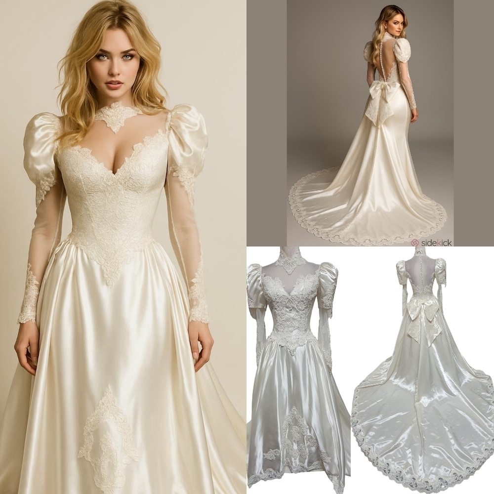 70s Vintage Pearl Satin Sheer Mesh Puff Sleeve Cathedral Train Wedding Dress M